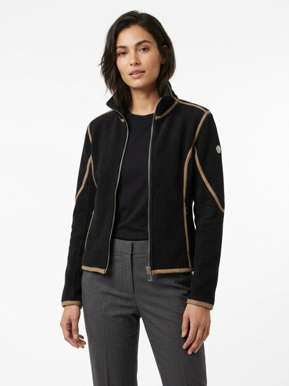 Spyder Full Zip Sweater Fleece Jacket Contrast Trim Black Tan Size 8
